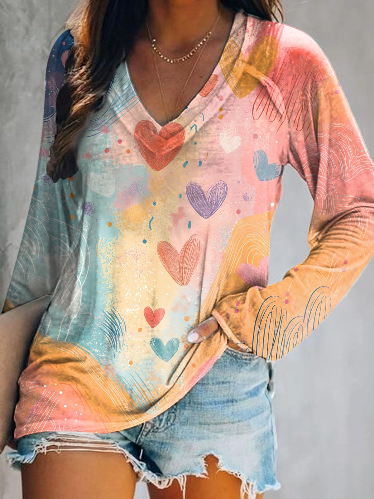Women's Colorful Tie-Dye Heart Pattern Art Print V-Neck Long Sleeve To