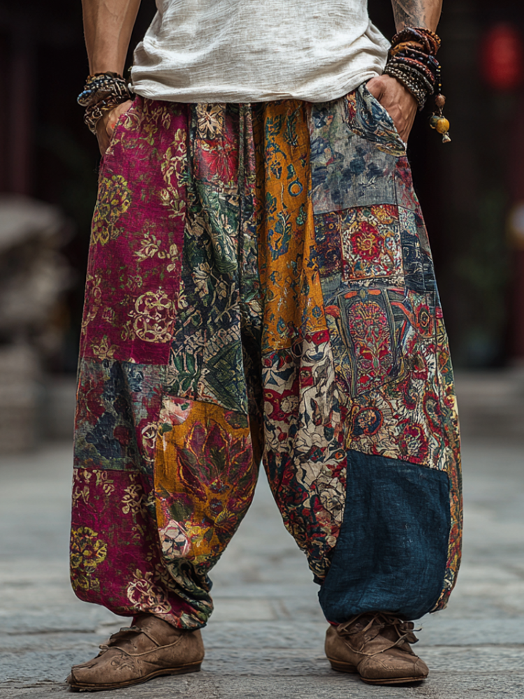 Western Bohemian Style Plant And Flower Pattern Retro Cotton And Linen Loose Wide-leg Pants artswardrobe