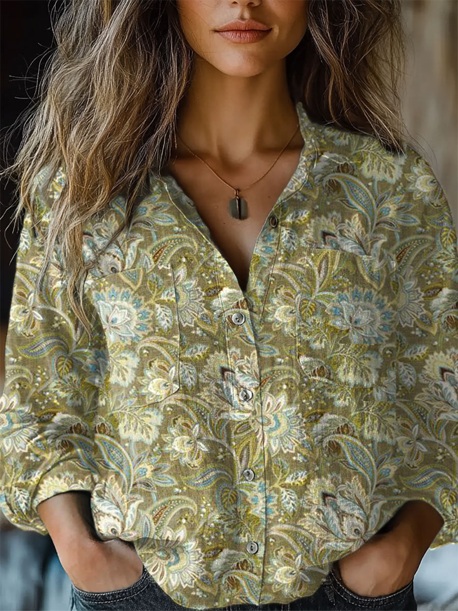 Women's Vintage Floral Print Casual Long Sleeve Comfortable Cotton Shi