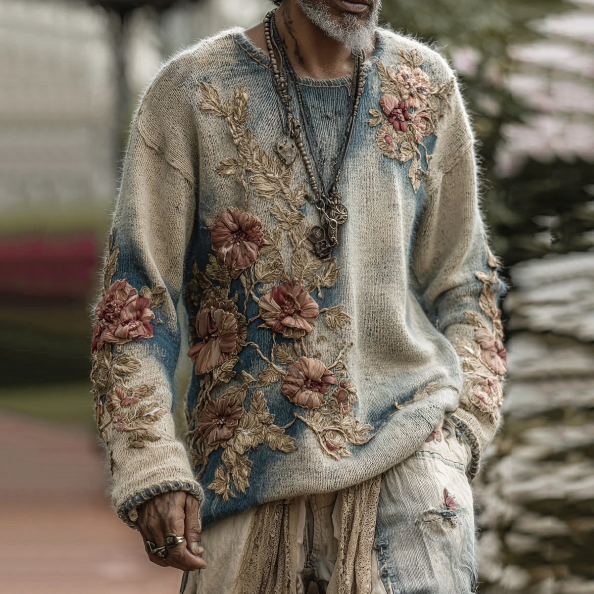 Men's Classic Floral Art Jacquard Thick Warm Turtleneck Sweater artswardrobe