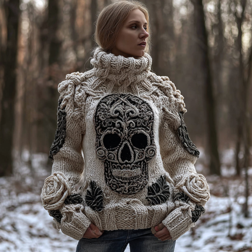 Women's Vintage Patterned Skull And Rose High-neck Sweater elevenforest
