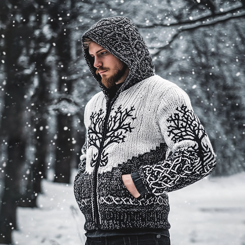 Men's Viking Tree Of Life Style Knitted Warm Hooded Cardigan Sweater artswardrobe
