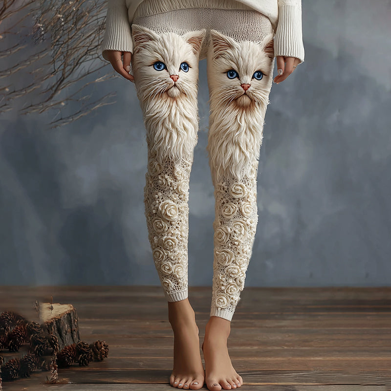 Comstylish Cute Cat Face With Roses Art Embroidered Cozy Knit Leggings