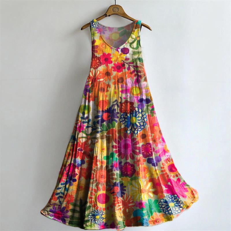 Women's Painting Floral Art Print Sleeveless Cotton Pocket Dress