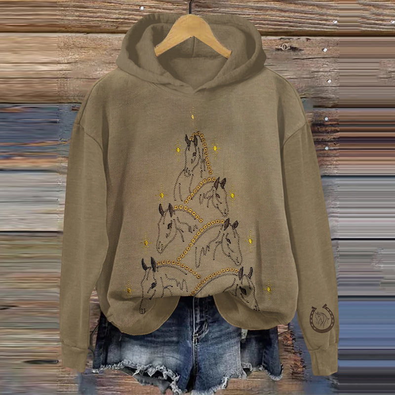 Comstylish Women's Horse Embroidery Christmas Tree Art Hoodies