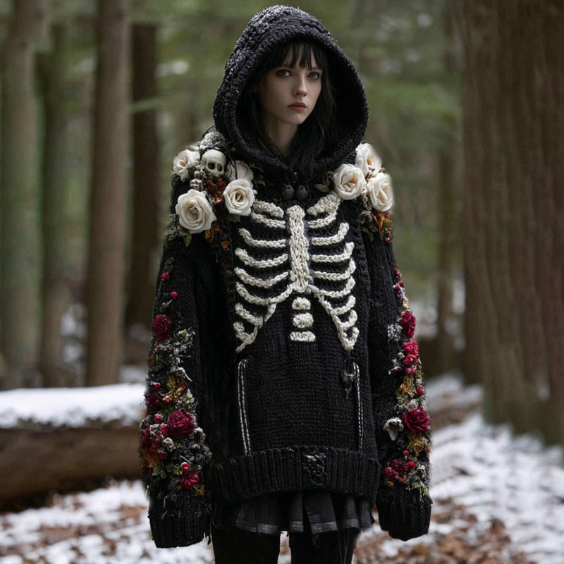 Women's Vintage Rose And Skull Pattern Knit Hooded Sweater artswardrobe