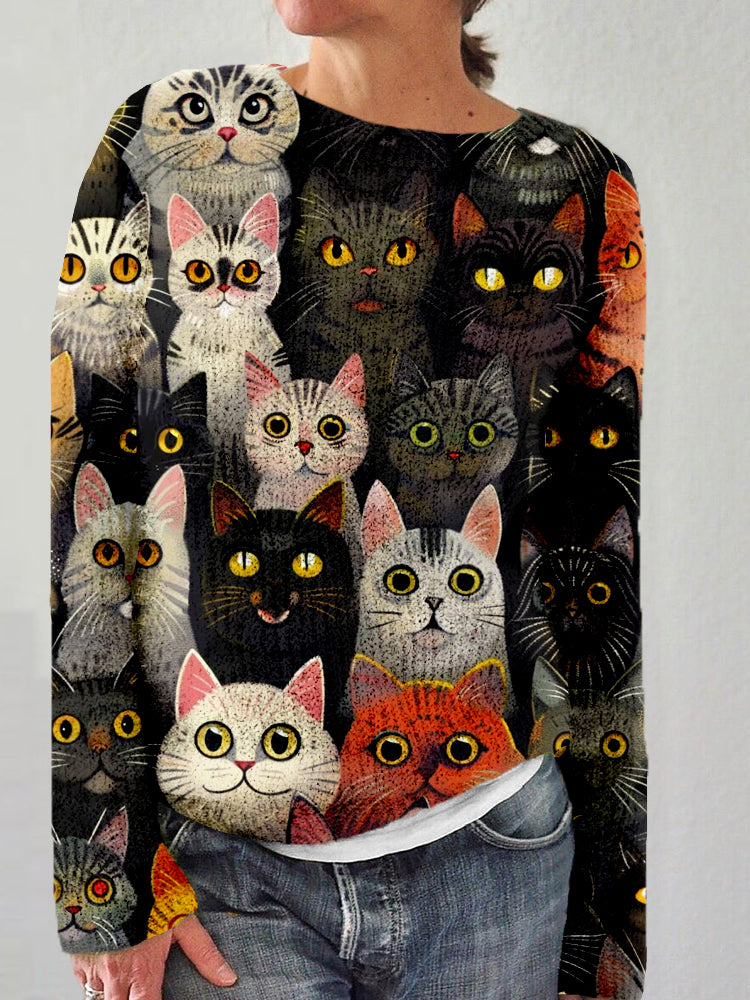 Comstylish Cute Crowded Cats Pattern Cozy Knit Sweater