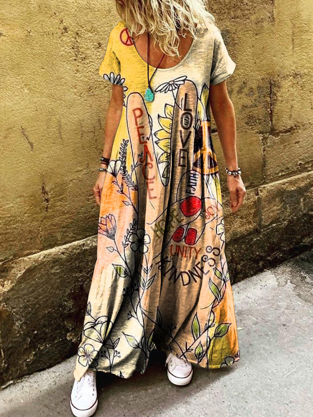 Women's Hippie Peace Love Art Print Pocket Short Sleeve Cotton Dress