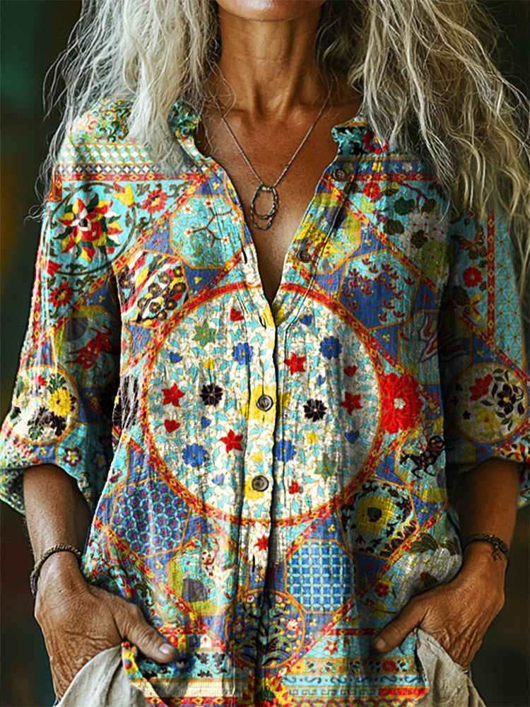 Women's Vintage Ethnic Floral Art Print Casual Cotton Linen Shirt