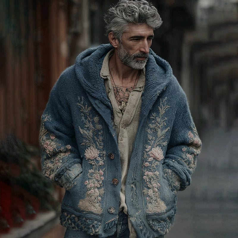 Men's Vintage Floral Gradient Art Jacquard Button Cardigan Sweater artswardrobe