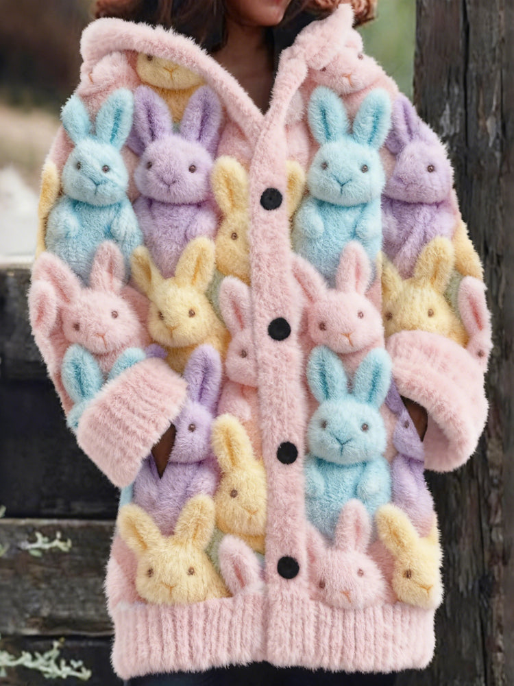Cute Pastel Fluffy Rabbits Art Cozy Knit Hooded Cardigan artswardrobe