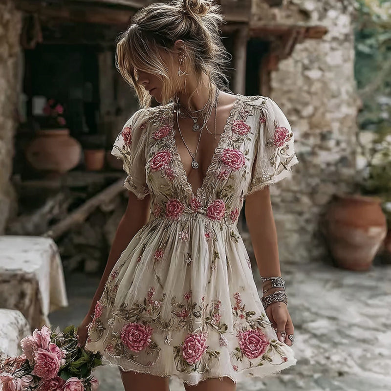 Women's Vintage Rose Embroidery Art Linen Short Sleeve Mini Dress artswardrobe