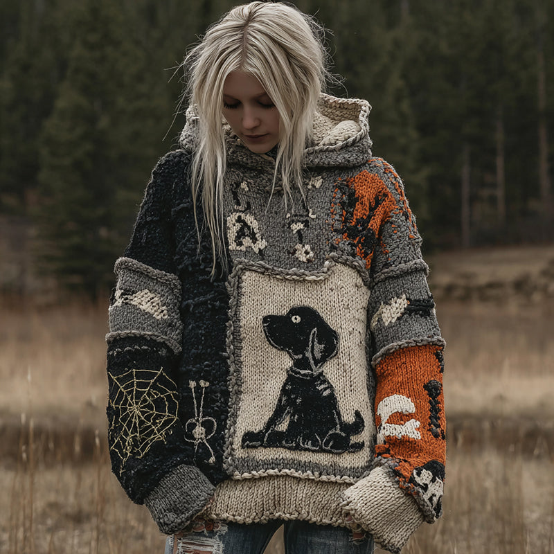 Dog Spiderweb Patchwork Stitched Cozy Knit Hoodie artswardrobe