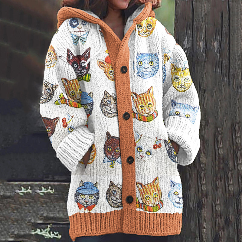 Vintage Multicolor Cat Pattern Women's Sweater elevenforest