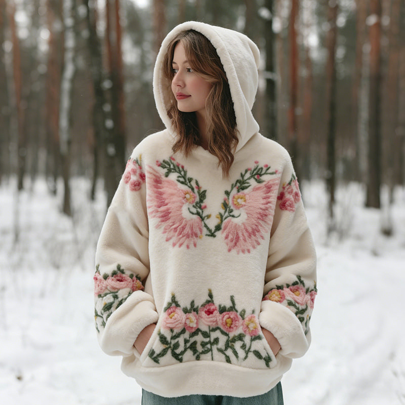Comstylish Women's Wings And Floral Pattern Winter Comfortable Plush Hoodie