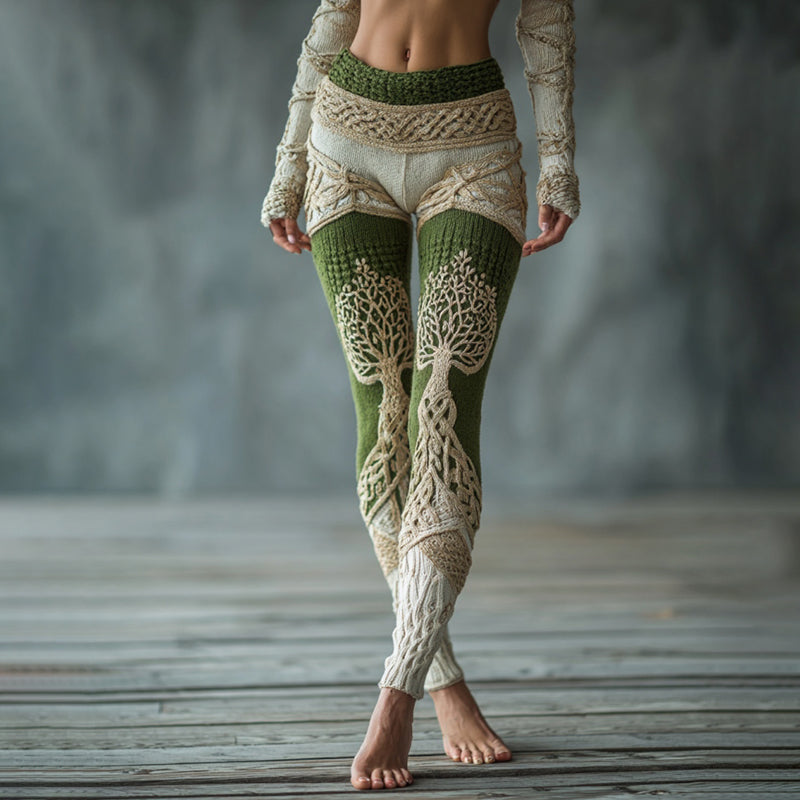 Women's Vintage Viking Tree Of Life Jacquard Warm Leggings artswardrobe