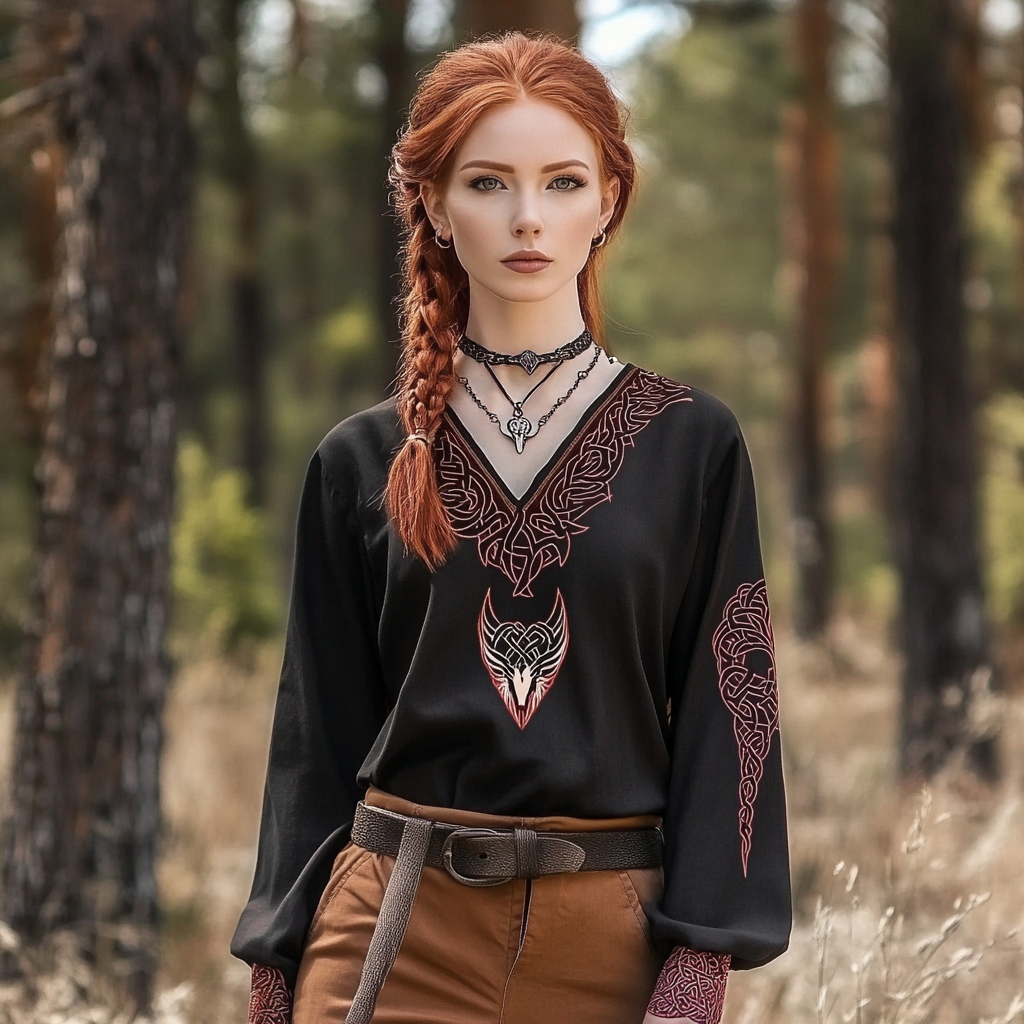 Vintage Viking Wolf Rune Print Linen V-neck Shirt artswardrobe