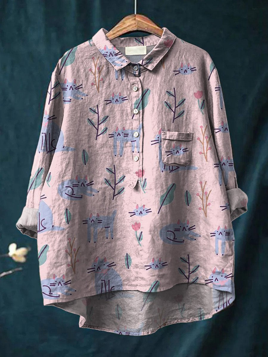 Lovely Cats And Spring Garden Pattern Printed Women's Casual Cotton And Linen Shirt