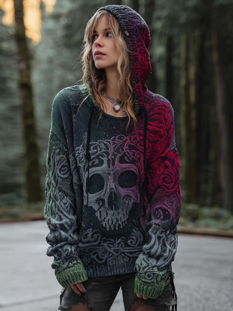 Halloween Gothic Dark Retro Style Women's Gradient Hooded Knit Sweater artswardrobe
