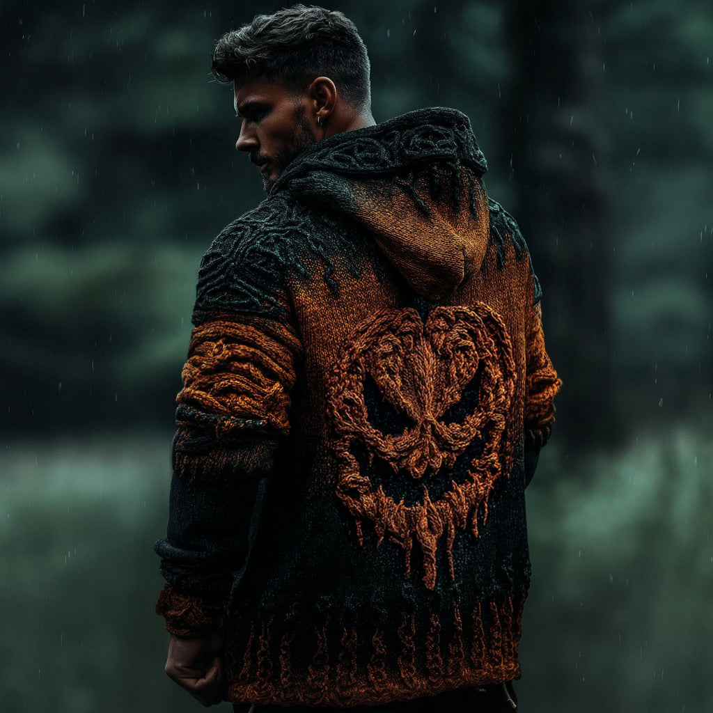 Men's Halloween Pumpkin Face Jacquard Knit Zipper Hooded Sweater Cardigan artswardrobe