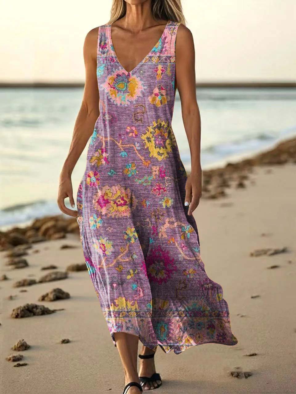 Women's Ethnic Tattoo Pattern Art Print Pocket Cotton Dresses