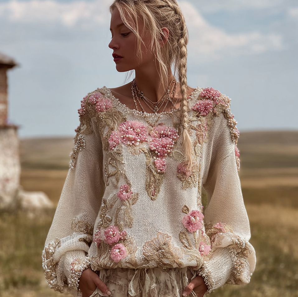 Bohemian Style Round Neck Long Sleeve 3d Floral Design Women's Sweater artswardrobe