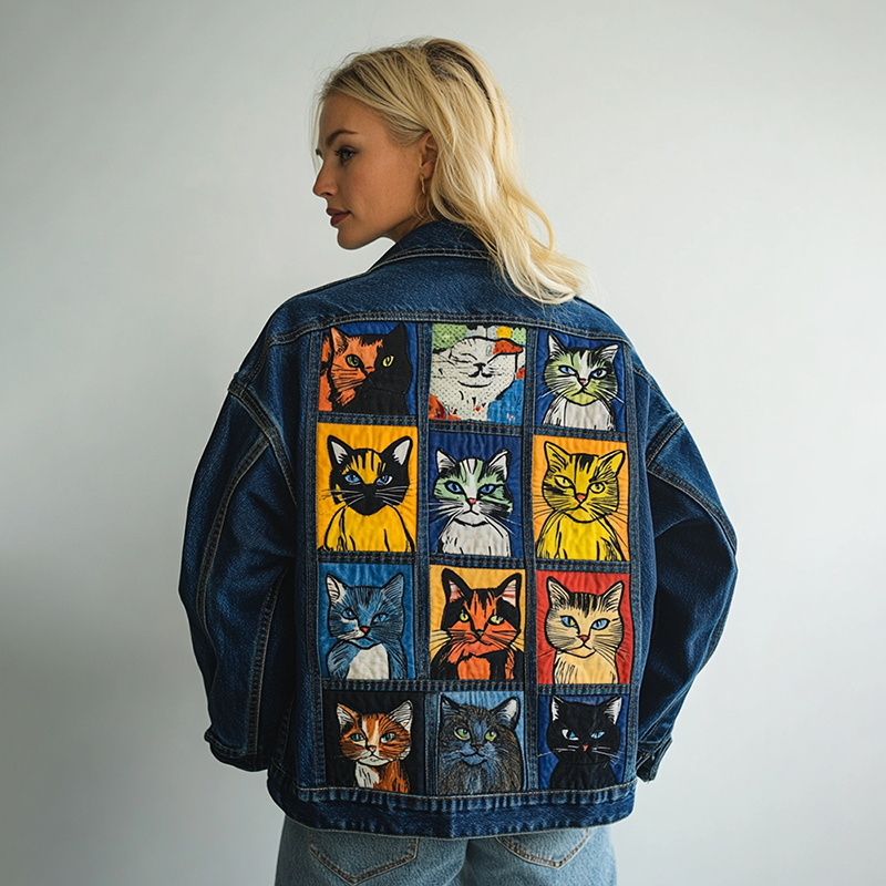 Women's Pop Art Cat Expression Splicing Design Denim Jacket elevenforest