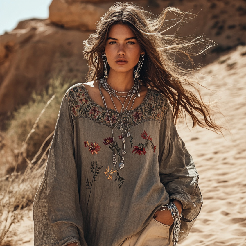 Boho Floral Embroidery Patchwork Art Print Cotton And Linen Blend Loose Blouse artswardrobe