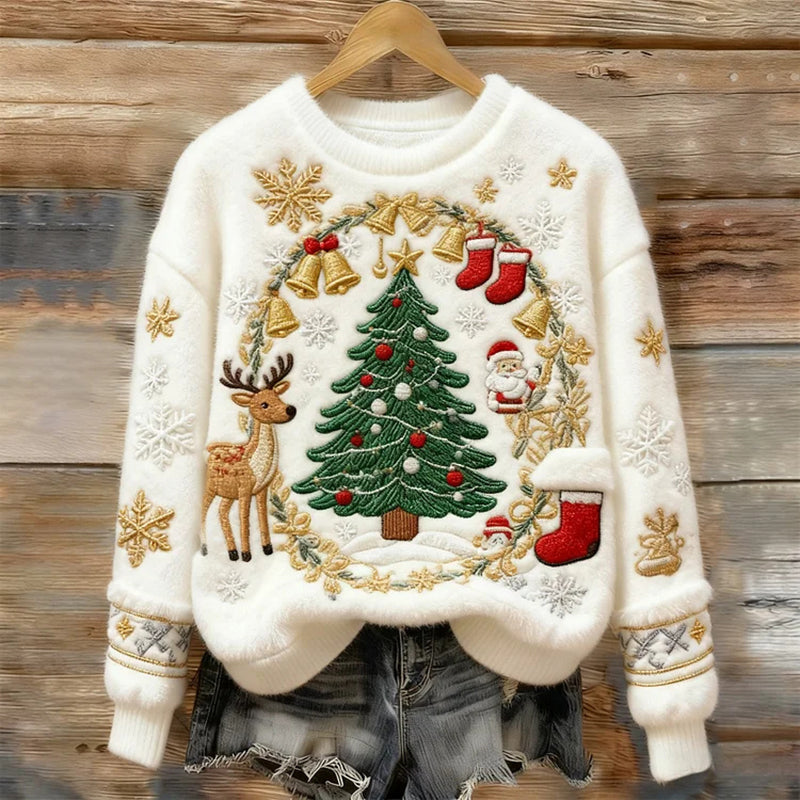 Comstylish Christmas Tree And Reindeer Pattern Warm Crew Neck Sweater