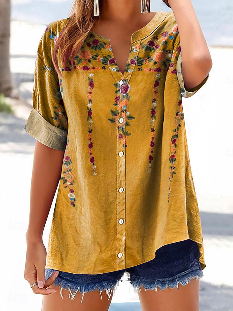 Women's Bohemian Floral Art Print Casual Cotton And Linen Shirt