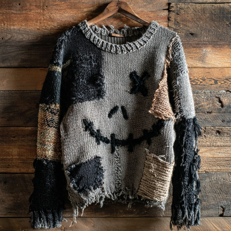 Halloween Pumpkin Face Contrast Stitched Cozy Knit Sweater artswardrobe