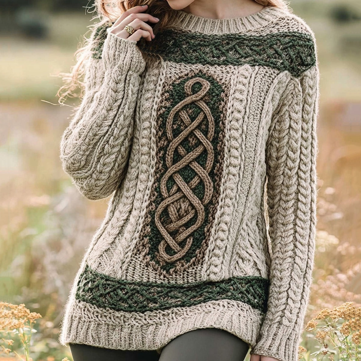 Women's Irish Celtic Knot Jacquard Contrast Sweater elevenforest