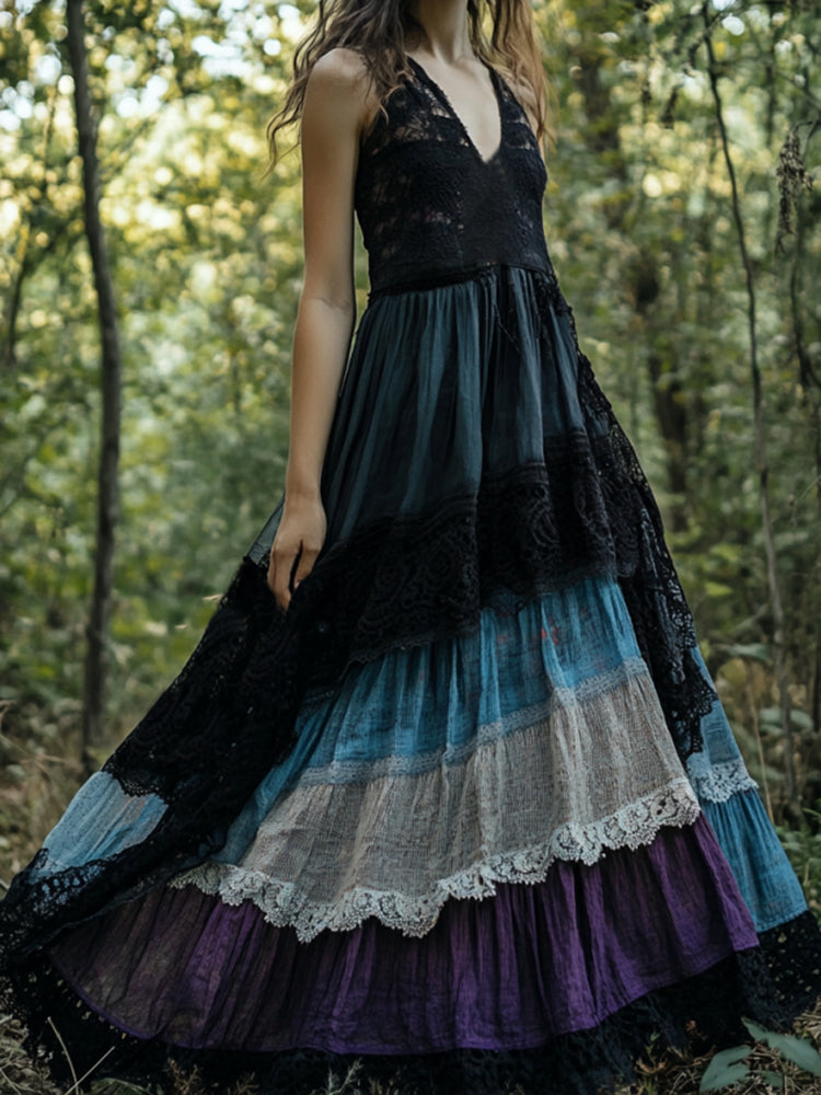 Boho Lace Patchwork Colorful Art Sleeveless Comfy Linen Dress artswardrobe