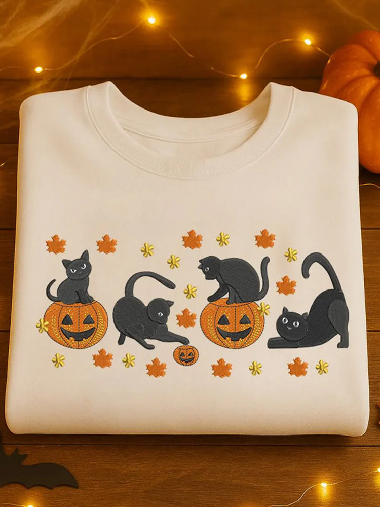 Comstylish Women's Round Neck Halloween Black Cat Pumpkin Embroidery Loose Long Sleeve Sweatshirt