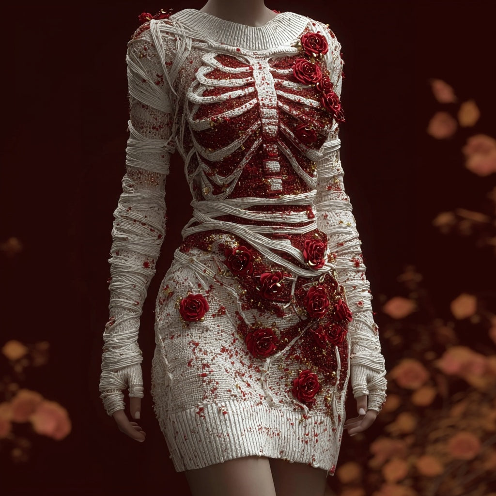 Classy Bloody Skeleton Anatomy Roses Bandages Sweater Dress artswardrobe