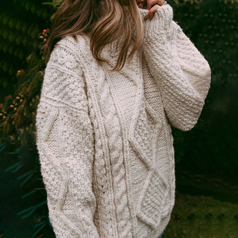 Woman Aran Jacquard Weave Cozy Warm Sweater artswardrobe