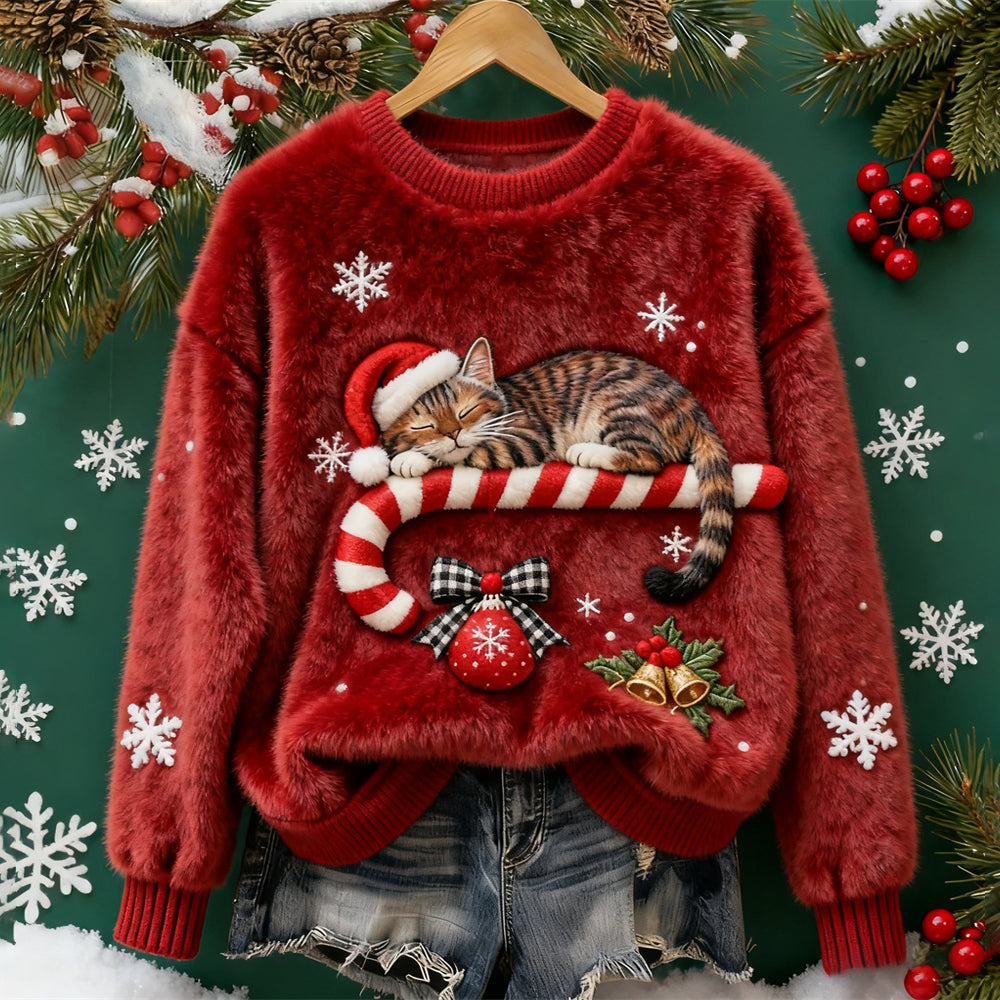 Christmas Sleeping Cat Women's Fleece Sweater