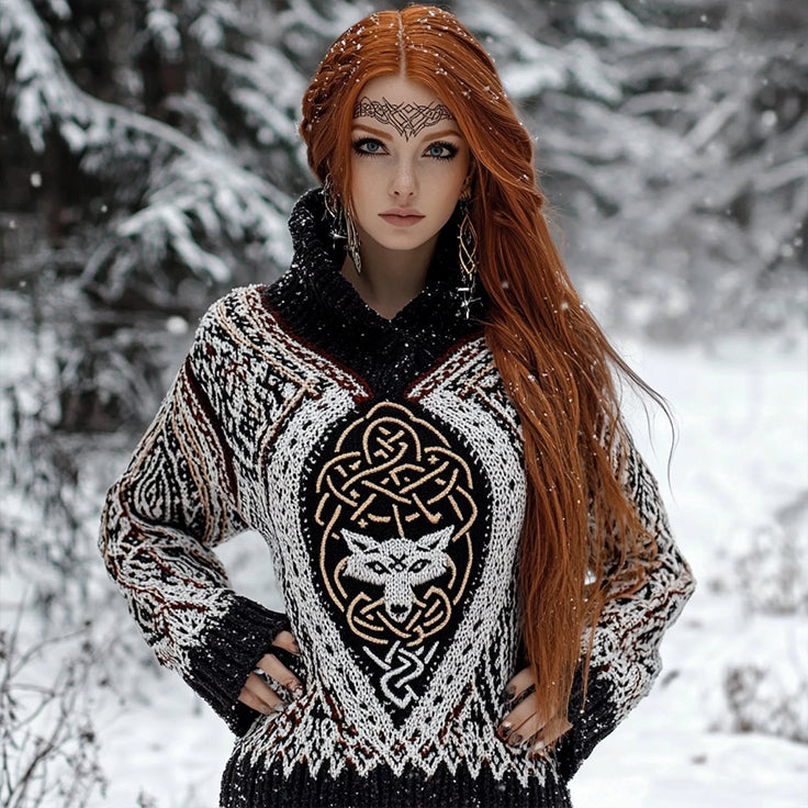 Women's Viking Wolf Jacquard Celtic Style Knitted Hooded Sweater elevenforest