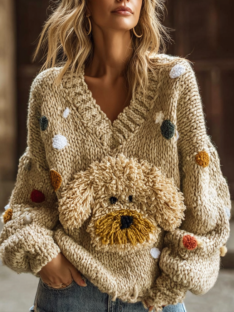 Lady Retro Cute Dog Plush Comfortable Knitted Sweater. artswardrobe