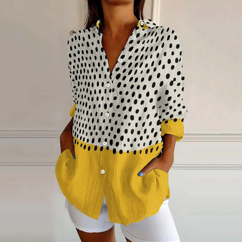 Comstylish Shawl Collar Long Sleeve Multicolor Block Regular Micro-elasticity Loose Shirt