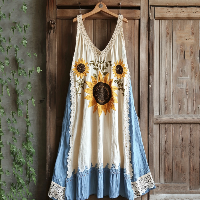 Women's Sunflower Lace Embroidered Art Tank Dress artswardrobe