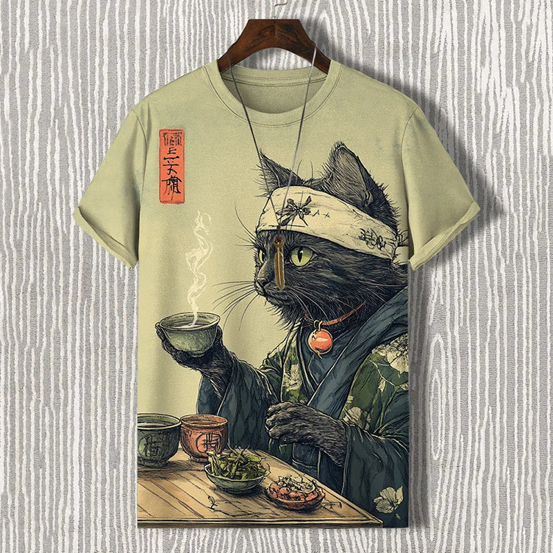 Men's Cat Drinking Tea Japanese Tea Ceremony Art Print T-shirt elevenforest