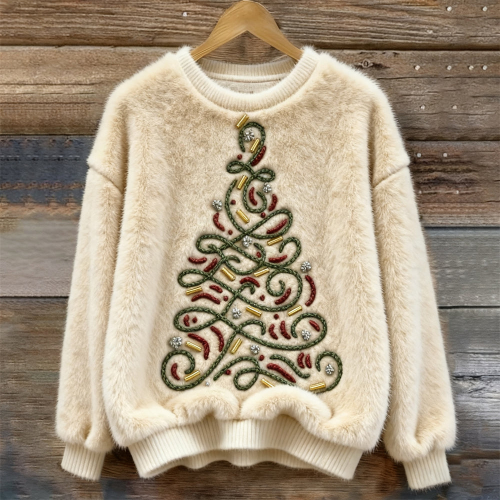 Christmas Tree Embroidered Women's Cozy Plush Sweater