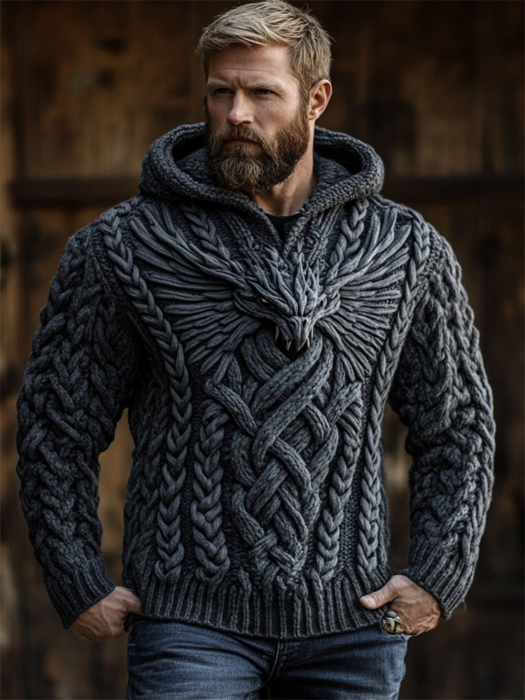 Men's Dark Dragon Viking Celtic Chunky Hooded Sweater elevenforest