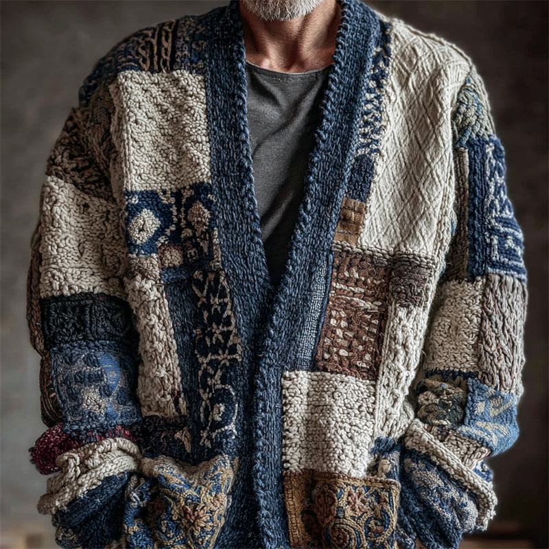 Men's Japanese Sashiko Colorblock Embroidered Cozy Knit Cardigan elevenforest