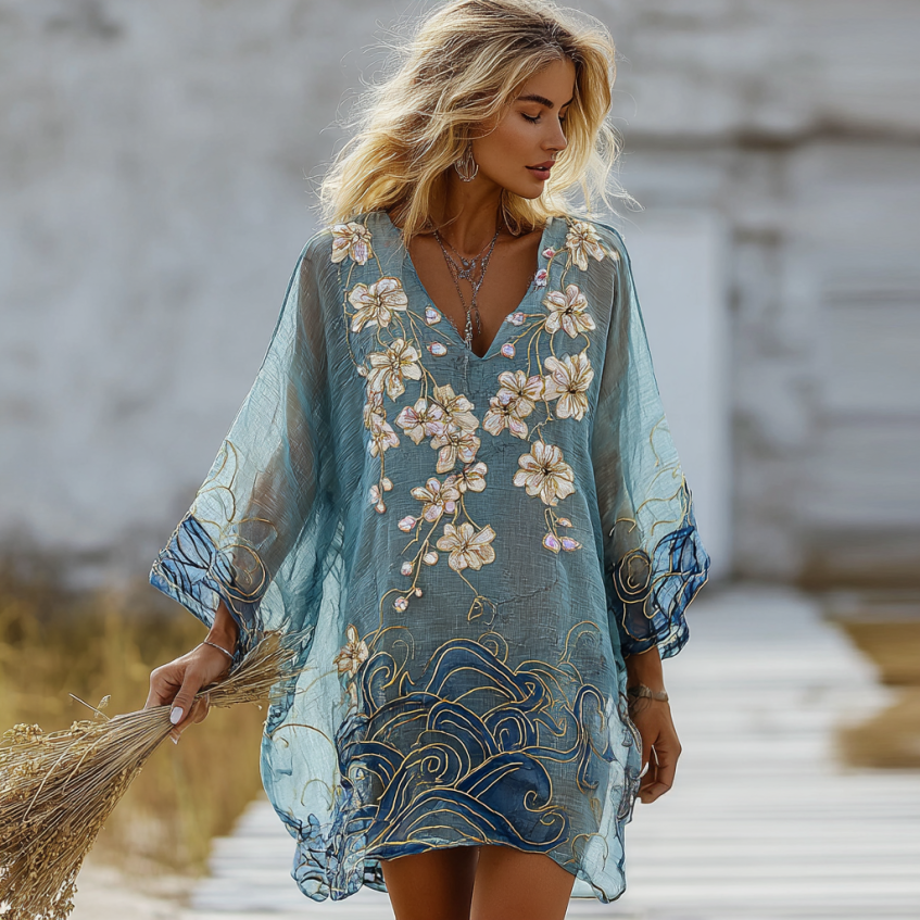 Vintage Marble Texture And Cherry Blossoms Pattern Linen Dress artswardrobe