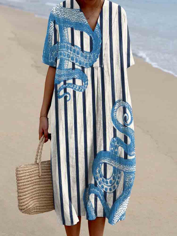 Women's Vintage Octopus Art Print V-Neck Midi Dress