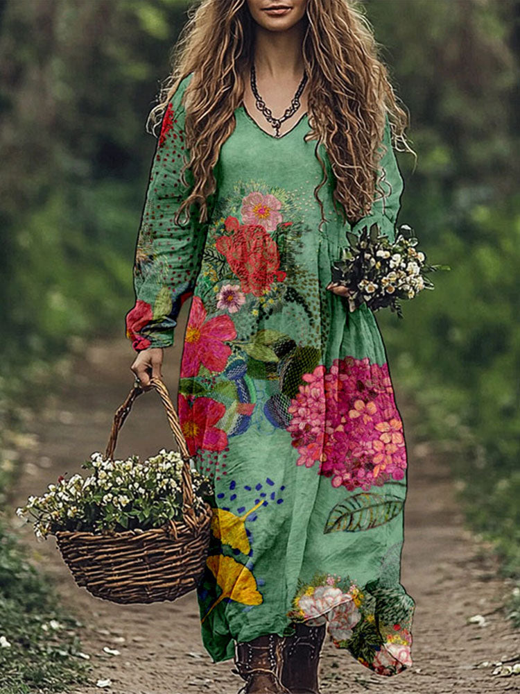 Vintage Flowers Embroidered Linen Blend Maxi Dress artswardrobe