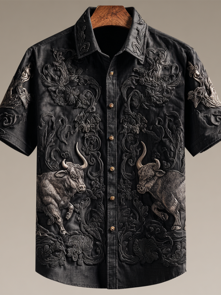 Western Cowboy Style Animal Elements Retro Cotton And Linen Men's Shirt artswardrobe