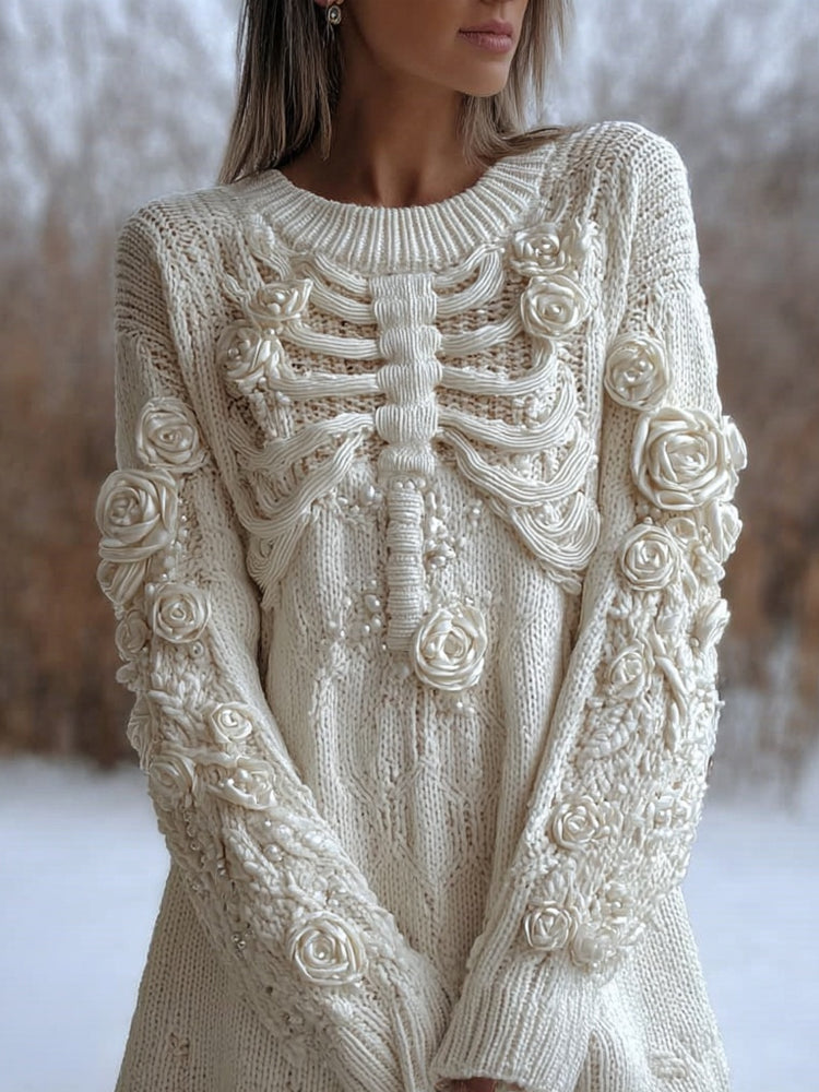 Vintage White Skeleton Roses Crochet Cozy Sweater Dress artswardrobe